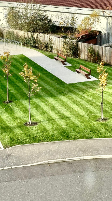 A high view photograph of a beautifully striped lawn grass area of the front of a business industrial estate car park with wooden benches beside the grass area