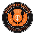This is Glenifer Thistle Local Paisley Football team logo. It is the shape of a circle, with a black background with an image of a thistle in the middle in orange telling us the team formed in 1972 in Paisley