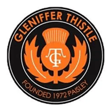 This is Glenifer Thistle Local Paisley Football team logo. It is the shape of a circle, with a black background with an image of a thistle in the middle in orange telling us the team formed in 1972 in Paisley