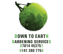 The logo of the garden services company, Down to Earth Garden Services shaped like a green globe